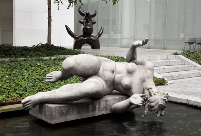 Shown, from back: Joan Miró. Moonbird. 1966. Bronze, 7' 6" x 6' 6" x 57" (228.5 x 198.2 x 144.9 cm). Nina and Gordon Bunshaft Bequest. © 2015 Successió Miró/Artists Rights Society (ARS), New York/ADAGP, Paris; Aristide Maillol. The River. Begun 1938–39; completed 1943 (cast 1948). Lead, 53 3/4" x 7' 6" x 66" (136.5 x 228.6 x 167.7 cm), on lead base designed by the artist, 9 3/4 x 67 x 27 3/4" (24.8 x 170.1 x 70.4 cm). Printer: Alexis Rudier. Mrs. Simon Guggenheim Fund. © 2015 Artists Rights Society (ARS), New York/ADAGP, Paris