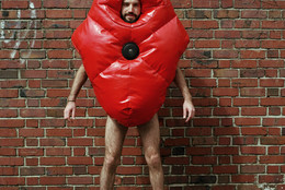 Ralph Borland. Suited for Subversion Prototype. 2002. Nylon-reinforced PVC, padding, speaker, and pulse reader, 47 1/4 × 31 1/2 × 23 5/8″ (120 × 80 × 60 cm). Fund for the Twenty-First Century