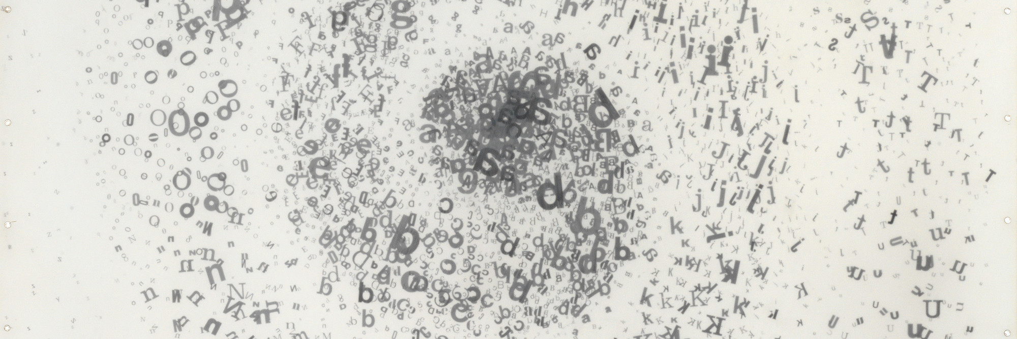 Mira Schendel. Untitled from the series Graphic Objects. 1972. Pressure sensitive transfer type on thin Japanese paper, 37 3/8 × 37 3/8″ (95 × 95 cm). Clara Sancovsky Collection. © 2009 Mira Schendel Estate