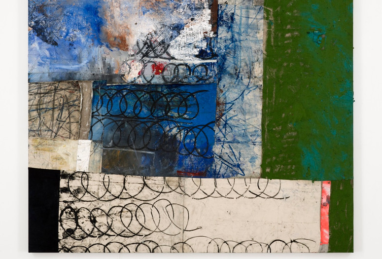 Oscar Murillo. 7+. 2013–14. Oil, oil stick, spray, and graphite on canvas and linen, 82 1/2 × 82 1/2" (209.6 × 209.6 cm). Courtesy the artist and David Zwirner, New York/London and Carlos/Ishikawa, London. Photo: Matthew Hollow