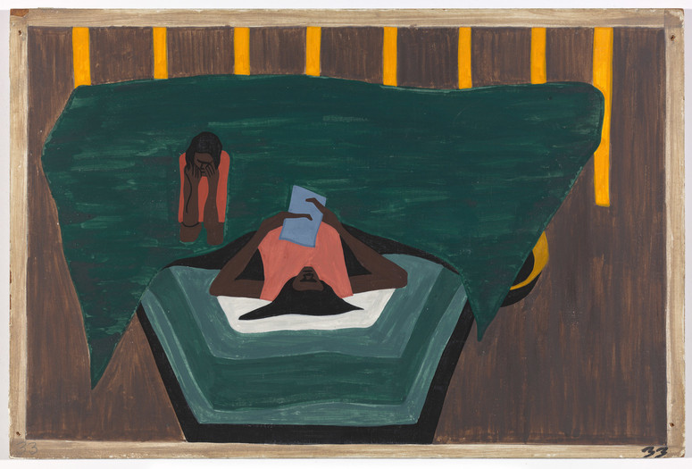 Jacob Lawrence. The Migration Series. 1940-41. Panel 33 of 60: "People who had not yet come North received letters from their relatives telling them of the better conditions that existed in the North.” Casein tempera on hardboard, c. 12 x 18" (30.5 cm x 45.7 cm). The Phillips Collection, Washington, D.C. Acquired 1942. © 2015 The Jacob and Gwendolyn Knight Lawrence Foundation, Seattle/Artists Rights Society (ARS), New York. Photograph courtesy The Phillips Collection, Washington, D.C.
