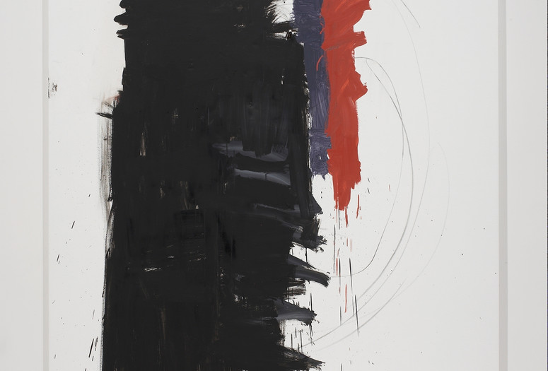 Richard Aldrich. Angie Adams/Franz Kline. 2010–11. Oil, wax, and vine charcoal on cut linen, 7' x 58" (213.4 x 147.3 cm). Collection David A. and Barbara L. Farley. Courtesy the artist and Bortolami Gallery, New York. Photo: Farzad Owrang