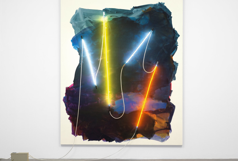 Mary Weatherford. Coney Island II. 2012. Flashe paint on linen with neon lights and transformer, 8' 7" x 6' 11" (261.6 x 210.8 cm). The Museum of Modern Art, New York. Fund for the Twenty-First Century. Photo: Jonathan Muzikar