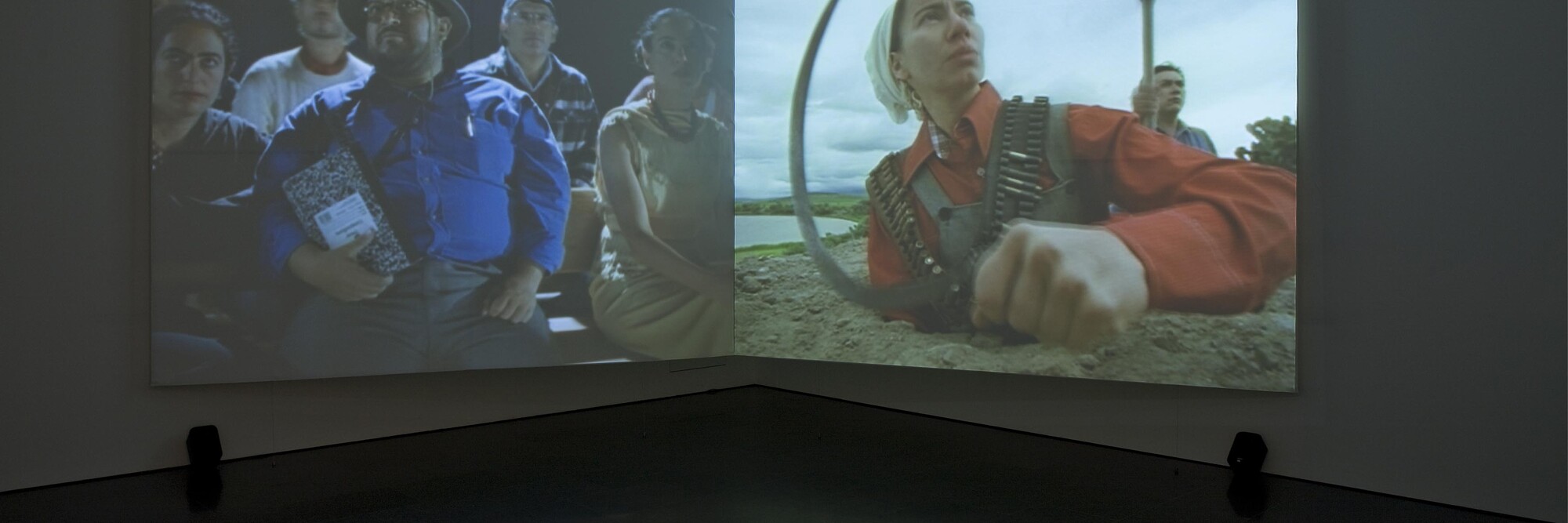Andrea Fraser. Soldadera (Scenes from Un banquete en Tetlapayac, a film by Olivier Debroise). 1998/2001. Two-channel video installation (color, sound), 5-page facsimile letter from Frances Flynn Paine to Mrs. Abby Aldrich Rockefeller. Committee on Media and Performance Art Funds. The Museum of Modern Art, New York. Installation view, Modernologies, MACBA, 2009. © Photographer: Tony Coll. Courtesy of Museu d’Art Contemporani de Barcelona (MACBA)