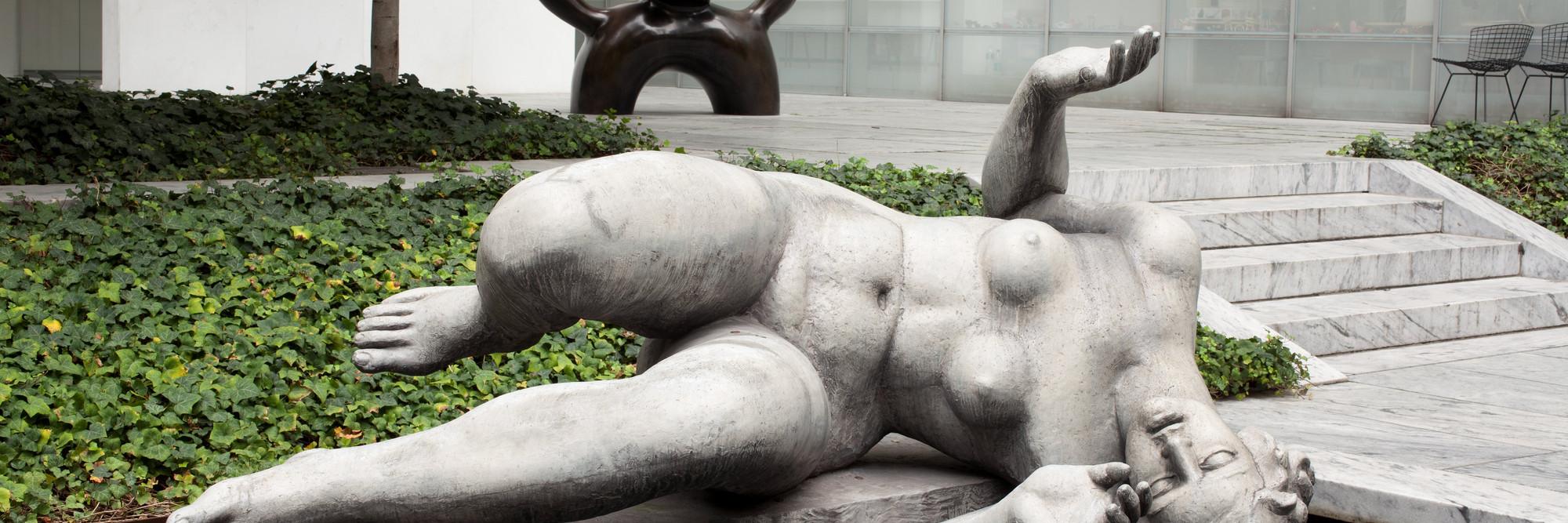 Shown, from back: Joan Miró. Moonbird. 1966. Bronze, 7′ 6″ × 6′ 6″ × 57″ (228.5 × 198.2 × 144.9 cm). Nina and Gordon Bunshaft Bequest. © 2012 Successió Miró/Artists Rights Society (ARS), New York/ADAGP, Paris; Aristide Maillol. The River. Begun 1938–39; completed 1943 (cast 1948). Lead, 53 3/4" x 7' 6" x 66" (136.5 x 228.6 x 167.7 cm), on lead base designed by the artist 9 3/4 x 67 x 27 3/4" (24.8 x 170.1 x 70.4 cm). Printer: Alexis Rudier. Mrs. Simon Guggenheim Fund. © 2012 Artists Rights Society (ARS), New York/ADAGP, Paris