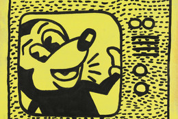Sturtevant. Haring Tag July 15 1981. 1985. Sumi ink and acrylic on cloth, 9 13/16 × 12 13/16" (25 × 32.5 cm). Estate Sturtevant, Paris. Courtesy Galerie Thaddaeus Ropac, Paris–Salzburg. Photo: Prallen Allsten. © Estate Sturtevant, Paris