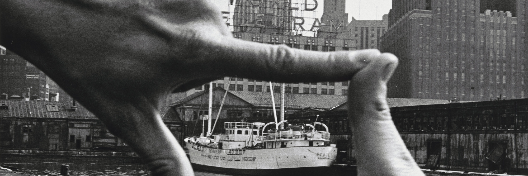 John Baldessari (American, b. 1931). Hands Framing New York Harbor from Pier 18. 1971. Photograph by Shunk-Kender (Harry Shunk [German, 1924–2006] and János Kender [Hungarian, 1937–2009]). Gelatin silver print, 7 3/8 × 9 15/16" (18.8 × 25.2 cm). The Museum of Modern Art, New York. Gift of the Roy Lichtenstein Foundation in honor of Jennifer Winkworth and Kynaston McShine and in memory of Harry Shunk and János Kender. © 2015 John Baldessari. Photograph: Shunk-Kender © J. Paul Getty Trust. The Getty Research Institute, Los Angeles