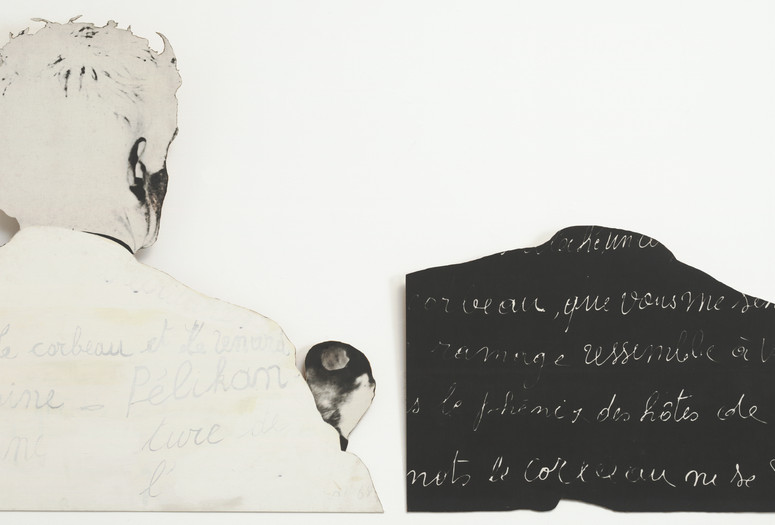 Marcel Broodthaers. Pour un art de l’écriture. Pour une écriture de l’art (On the art of writing. On the writing of art). 1968. Painted photographic canvas on two cut-out composition boards, left: 40 5/8 × 42 3/8” (103.2 × 107.6 cm); right: 23 1/2 × 42 1/2” (59.7 × 107.9 cm). The Museum of Modern Art, New York. Gift of Raymond J. Learsy and Gabriella De Ferrari, 1991. © 2015 Estate of Marcel Broodthaers/Artists Rights Society (ARS), New York/SABAM, Brussels