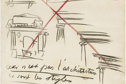 Le Corbusier (Charles-Édouard Jeanneret ). “Ceci n’est pas l’architecture” drawing from Buenos Aires Lecture. 1929. Charcoal and crayon on paper, 39¾ × 25 9/16″ (101 × 65 cm). Gift of Agnes Gund in honor of Patricia Phelps de Cisneros