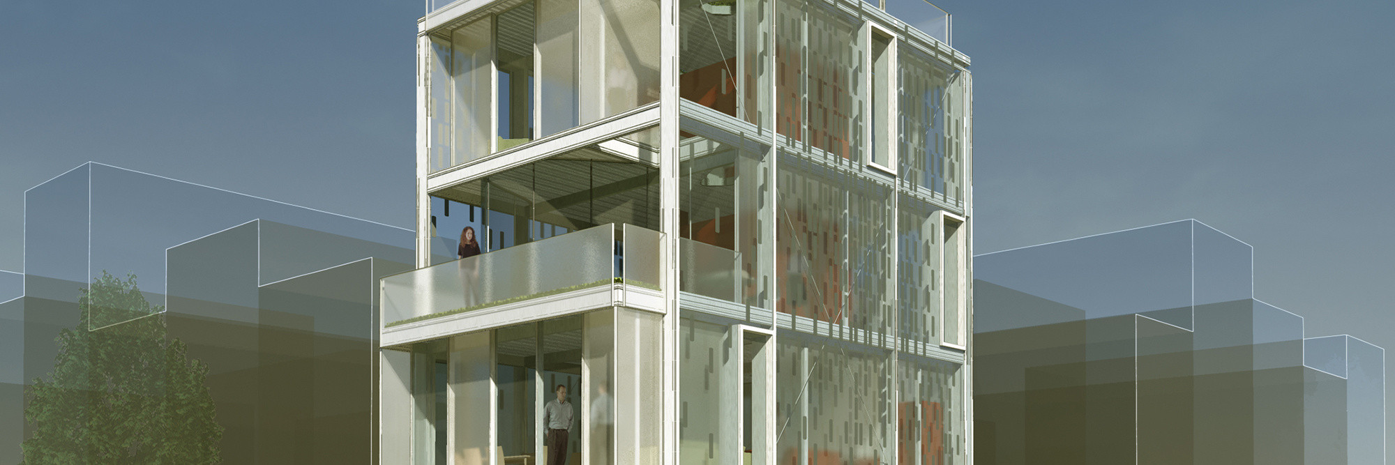 Kieran Timberlake Architects. Cellophane House (Exterior). 2008. Aluminum frame, custom steel connectors, polycarbonate floors and interior walls, acrylic stair, aluminum curtain wall and e2 glazing, glazing, translucent roof, metal grating for walkways and balconies, GRP Bathroom Pods, bathroom fixtures, plumbing trim and accessories, Next Gen SmartWrap™ (PET, Photovoltaics, Infrared blocking film), aluminum angles, LED lighting, kitchen casework, appliances, louvers and fans, epoxy paint, and nuts and bolts. Commissioned by the Museum of Modern Art on the occasion of the exhibition "Home Delivery: Fabricating the Modern Dwelling" This project supported in part by Kullman Buildings Corp., CVM Engineers, Arup Lighting, Schüco USA, Philips Solid-State Lighting Solutions, 3form, DuPont Teijin Films, PowerFilm, Valcucine, 3M Window FilmsTM-Prestige Series, Miele, Duravit, AF New York, Universal Services Associates, Inc., Capital Plastics Company, Craftweld Fabrication Company Inc., A&amp;B / McKeon Glass, Inc., Czarnowski, Bosch Rexroth, distributed by Airline Hydraulics Corporation, Total Plastics, Inc., Maspeth Welding, Inc., Burgess Steel, JE Berkowitz, LP and Oldcastle, CPI Daylighting, Inc., Greenheck, distributed by Del Ren Associates, ICI Paints, and Burnett Products Company, Inc.