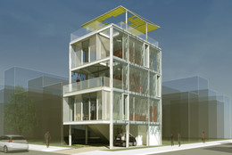 Kieran Timberlake Architects. Cellophane House (Exterior). 2008. Aluminum frame, custom steel connectors, polycarbonate floors and interior walls, acrylic stair, aluminum curtain wall and e2 glazing, glazing, translucent roof, metal grating for walkways and balconies, GRP Bathroom Pods, bathroom fixtures, plumbing trim and accessories, Next Gen SmartWrap™ (PET, Photovoltaics, Infrared blocking film), aluminum angles, LED lighting, kitchen casework, appliances, louvers and fans, epoxy paint, and nuts and bolts. Commissioned by the Museum of Modern Art on the occasion of the exhibition "Home Delivery: Fabricating the Modern Dwelling" This project supported in part by Kullman Buildings Corp., CVM Engineers, Arup Lighting, Schüco USA, Philips Solid-State Lighting Solutions, 3form, DuPont Teijin Films, PowerFilm, Valcucine, 3M Window FilmsTM-Prestige Series, Miele, Duravit, AF New York, Universal Services Associates, Inc., Capital Plastics Company, Craftweld Fabrication Company Inc., A&amp;B / McKeon Glass, Inc., Czarnowski, Bosch Rexroth, distributed by Airline Hydraulics Corporation, Total Plastics, Inc., Maspeth Welding, Inc., Burgess Steel, JE Berkowitz, LP and Oldcastle, CPI Daylighting, Inc., Greenheck, distributed by Del Ren Associates, ICI Paints, and Burnett Products Company, Inc.