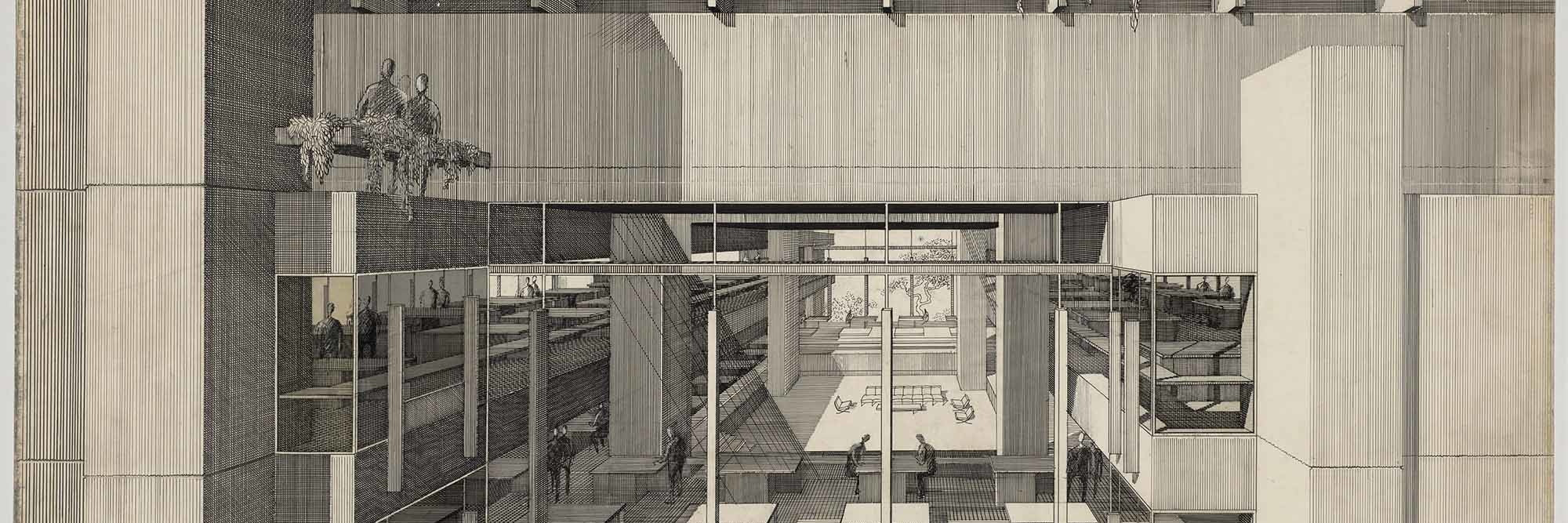 Paul Rudolph. Art and Architecture Building, Yale University, New Haven, Connecticut (partial exterior perspective). 1958. Ink on board, 30 x 40" (72.6 x 101.6 cm). The Museum of Modern Art. Gift of the architect