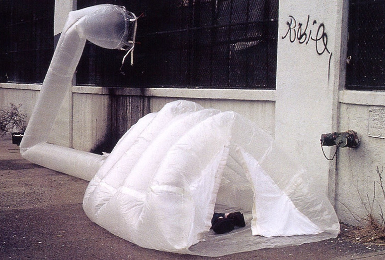Michael Rakowitz. paraSITE homeless shelter. 1997. Polyethylene, 42" x 36" x 11' (107 x 91.5 x 335 cm). The Museum of Modern Art, New York. Gift of Michael Rakowitz and Lombard-Freid Projects
