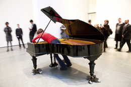Jennifer Allora and Guillermo Calzadilla. Stop, Repair, Prepare: Variations on “Ode to Joy” for a Prepared Piano. 2008. Prepared Bechstein piano, pianist (Terezija Cukrov shown). Piano: 40 x 67 x 84" (101.6 x 170.2 x 213.4 cm). The Museum of Modern Art. Gift of the Julia Stoschek Foundation, Düsseldorf. © 2011 Yi-Chun Wu/The Museum of Modern Art