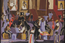 Jacob Lawrence. Street Shadows. 1959. Tempera on gesso on board, 24 × 29 7/8″ (61 × 75.9 cm). The Museum of Modern Art, New York. Gift of Ellen Kern in memory of her parents, Lewis and Jewel Garlick. © Gwendolyn Knight Lawrence, courtesy the Jacob and Gwendolyn Lawrence Foundation