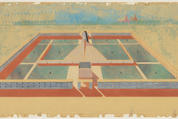 Aldo Rossi and Gianni Braghieri. Cemetery of San Cataldo Modena, Italy. Aerial perspective, 1971. Ink and graphite on tracing paper, 29 7/8 × 56 1/8″ (75.9 × 142.6 cm) (frame). The Museum of Modern Art, New York. Gift of the Howard Gilman Foundation