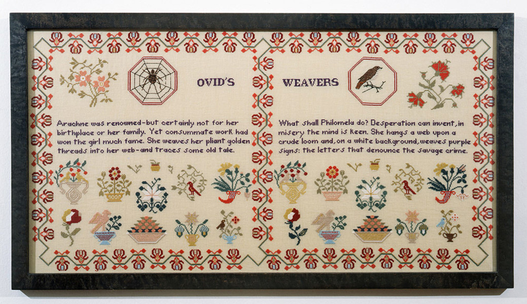 Elaine Reichek. Sampler (Ovid’s Weavers). 1996. Embroidery on linen, 19 1/4 × 35″ (48.9 × 88.9 cm). Collection Melva Bucksbaum, Aspen. Part of the installation When This You See… (1996–1999)