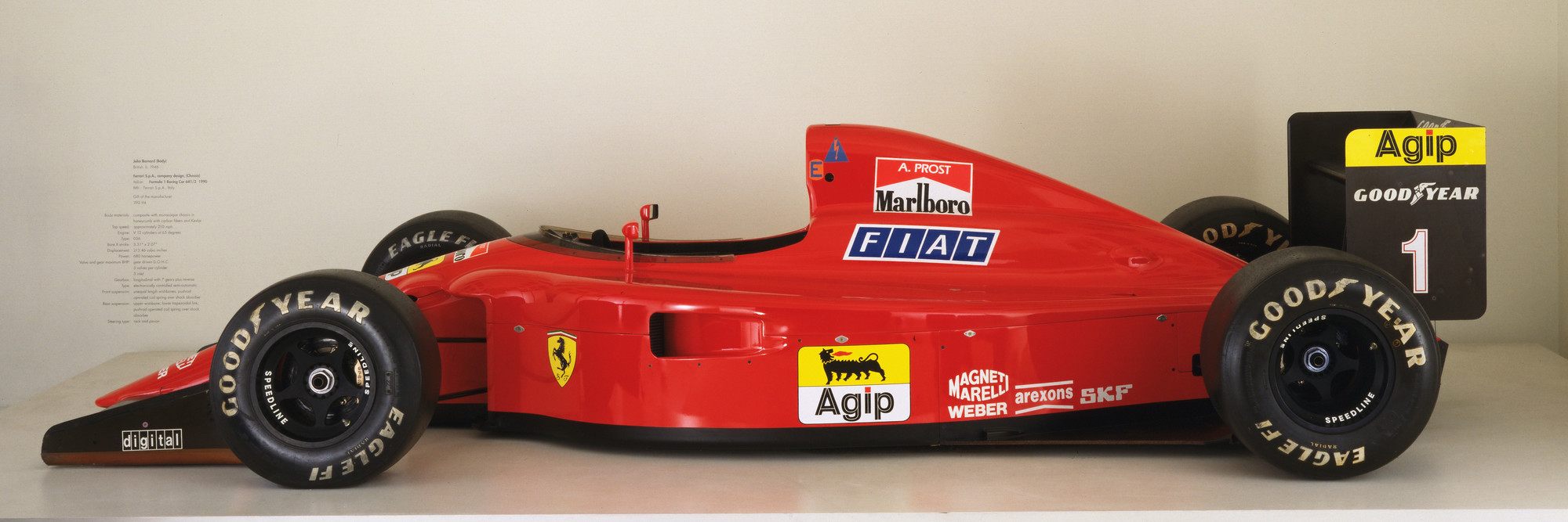 John Barnard, Ferrari S.p.A., Maranello, Italy. Formula 1 Racing Car (641/2). 1990. Manufacturer: Ferrari S.p.A., Maranello, Italy. Honeycomb composite with carbon fibers, Kevlar, and other materials, 40 1/2″ × 7′ × 14′ 6 1/2″ (102.9 × 213.4 × 448.3 cm). Gift of the manufacturer