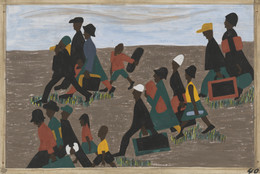 Jacob Lawrence. The migrants arrived in great numbers (panel 40 of 60). 1940–41. Casein tempera on hardboard, 12 × 18″ (30.5 × 45.7 cm). Gift of Mrs. David M. Levy. © 2016 Jacob Lawrence / Artists Rights Society (ARS), New York