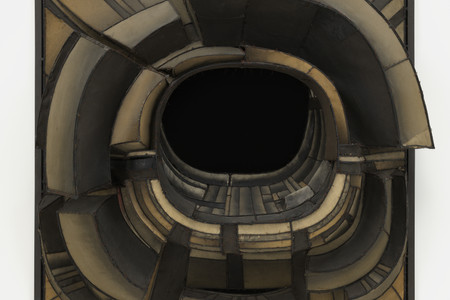 Lee Bontecou. Untitled. 1961. Welded steel, canvas, black fabric, rawhide, copper wire, and soot, 6′ 8 1/4″ × 7′ 5" × 34 3/4″ (203.6 × 226 × 88 cm). Kay Sage Tanguy Fund. © 2016 Lee Bontecou. Photo: Jonathan Muzikar