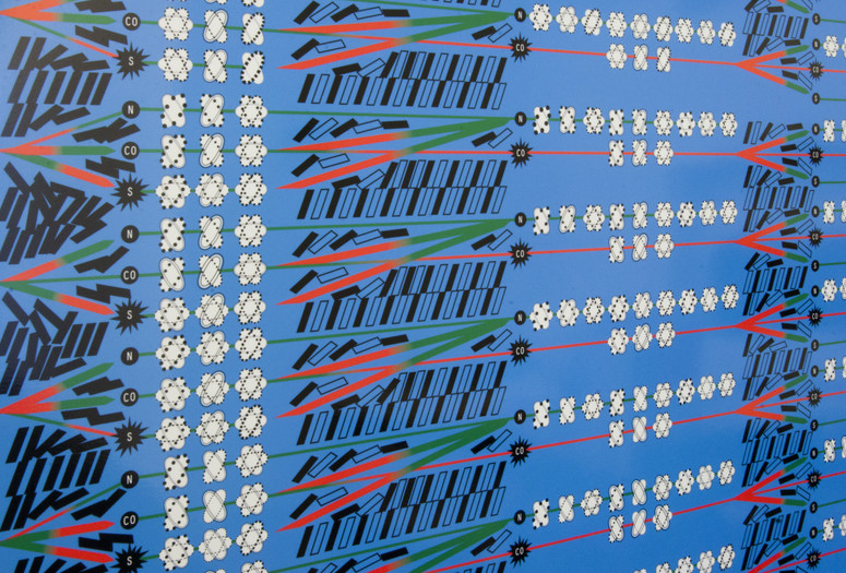 Lawrence Abu Hamdan. Conflicted Phonemes. 2012. Vinyl wall print, nine A4 sized vinyl prints, and nine stacks of printed A4 paper, sheet: 105 x 81" (266.7 x 205.7 cm). Fund for the Twenty-First Century. © 2016 Lawrence Abu Hamdan