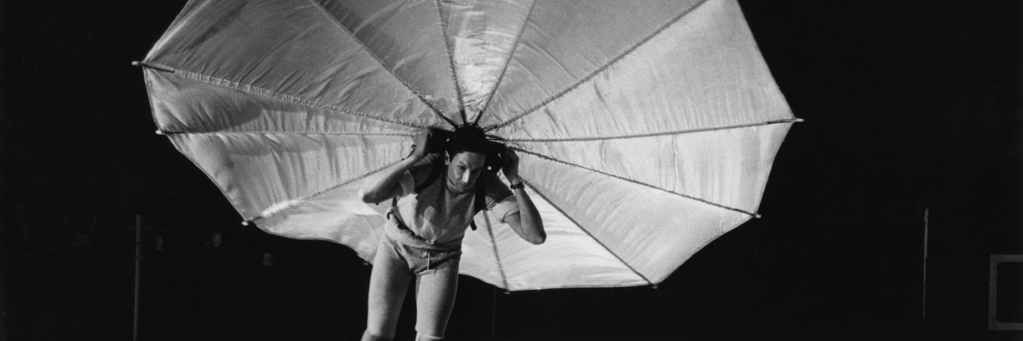 Peter Moore. Photograph of Robert Rauschenberg’s Pelican (1963) as performed in a former CBS television studio, New York, during the First New York Theater Rally, May 1965. © Barbara Moore/Licensed by VAGA, New York, NY, courtesy Paula Cooper Gallery, New York