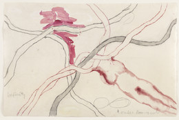 Louise Bourgeois. No. 5 of 14 from the installation set À l’Infini. 2008. Soft ground etching, with selective wiping, watercolor, gouache, pencil, colored pencil, and watercolor wash additions, 40 x 60" (101.6 x 152.4 cm). The Museum of Modern Art, New York. Purchased with funds provided by Agnes Gund, Marie-Josée and Henry R. Kravis, Marlene Hess and James D. Zirin, Maja Oeri and Hans Bodenmann, and Katherine Farley and Jerry Speyer, and Richard S. Zeisler Bequest (by exchange). © 2017 The Easton Foundation/Licensed by VAGA, NY