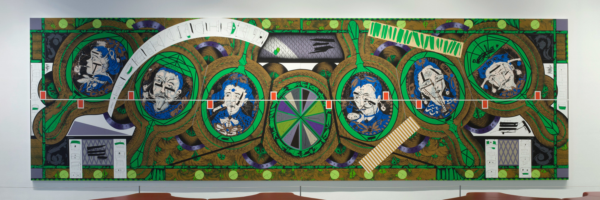 Installation view of the exhibition Public Spaces Changes 2014. Shown: Lari Pittman. Flying Carpet with Magic Mirrors for a Distorted Nation. 2013. Cel-vinyl, spray enamel on canvas over wood panel, in four parts, each 108 × 90″ (274.3 × 228.6 cm), overall 108 × 360 1/8″ (274.3 × 914.7 cm). Gift of the Steven and Alexandra Cohen Foundation, The Broad Art Foundation, and Jill and Peter Kraus. Photo: John Wronn