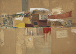 Robert Rauschenberg. Rebus. 1955. Oil, synthetic polymer paint, pencil, crayon, pastel, paper paint chips, printed and painted paper, newspaper, journal, poster clippings, comic strips, drawing by Cy Twombly, and fabric on canvas, mounted and stapled to fabric, three panels, 8' × 10' 11 1/8" (243.8 × 333.1 cm). The Museum of Modern Art, New York. Partial and promised gift of Jo Carole and Ronald S. Lauder and bequest of Virginia C. Field, gift of Mr. and Mrs. Peter A. Rübel,and gift of Jay R. Braus (all by exchange). © 2017 Robert Rauschenberg Foundation