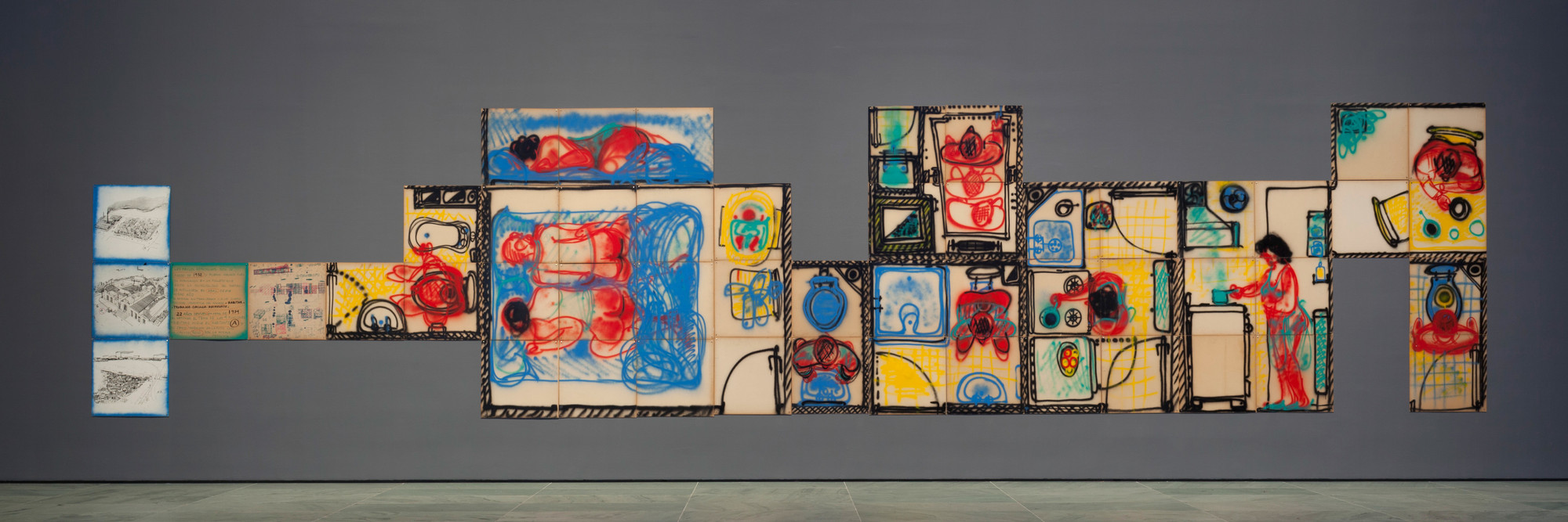 Installation view of Inbox: Clorindo Testa at The Museum of Modern Art, New York. Shown: Clorindo Testa. Habitar, Circular, Trabajar, Recrearse. 1974. Enamel on fiber board. Gift of Andres von Buch, Claudia Quentin, Andrea Woodner, and Committee on Architecture and Design Funds. © 2016 Clorindo Testa. Courtesy of the Estate of Clorindo Testa. Photo: John Wronn