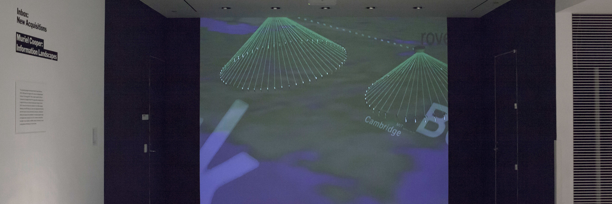 Muriel Cooper, David Small, Suguru Ishizaki, Earl Rennison, Robert Silvers, Lisa Strausfeld, Jeffrey Ventrella, Yin Yin Wong. Information Landscapes. 1994. Multimedia video and software with audio. Installation view, The Museum of Modern Art, May 13–June 12, 2016. Gift of Lisa Strausfeld and David Small. Photo: John Wronn