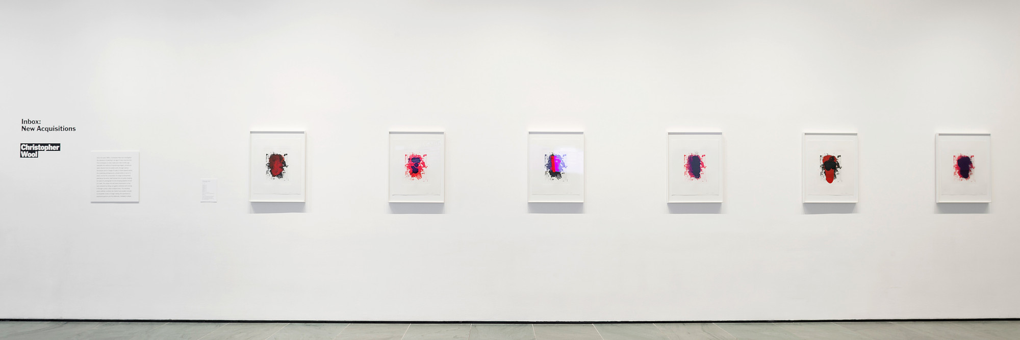 Installation view of Inbox: Christopher Wool. Shown: Christopher Wool (American, born 1955). Portraits (red). 2014. Portfolio of six lithographs, composition (each): 19 × 14 1/2″ (48.2 × 36.8 cm); sheet (each): 27 × 22 1/2″ (68.6 × 57.2 cm). Publisher: Universal Limited Art Editions, Bay Shore, NY. Printer: Universal Limited Art Editions, Bay Shore, NY. Edition: 28. Acquired through the generosity of Mary M. and Sash A. Spencer. © 2015 Christopher Wool. Photo: John Wronn