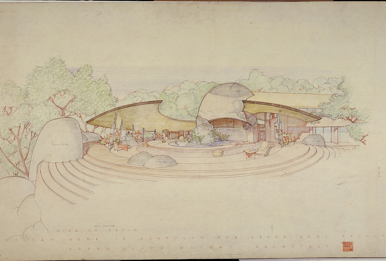 Frank Lloyd Wright. Raul Bailleres House (Acapulco, Mexico). Unbuilt project. 1952. Brown ink, pencil, and color pencil on tracing paper, 31 3/4 x 52 7/8″ (80.6 × 134.3 cm). The Frank Lloyd Wright Foundation Archives (The Museum of Modern Art | Avery Architectural &amp; Fine Arts Library, Columbia University, New York)