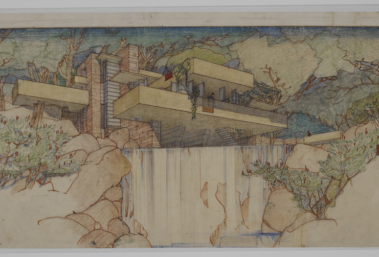 Frank Lloyd Wright. Fallingwater (Kaufmann House), Mill Run, Pennsylvania. 1934–37. Perspective from the south. Pencil and colored pencil on paper, 15 3/8 × 25 1/4″ (39.1 × 64.1 cm). The Frank Lloyd Wright Foundation Archives (The Museum of Modern Art | Avery Architectural &amp; Fine Arts Library, Columbia University, New York)
