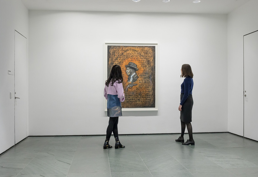 Installation view of Inbox: Whitfield Lovell, The Museum of Modern Art, New York. Shown: Whitfield Lovell. Pop/Pistol. 1990. Oilstick and charcoal on paper. Committee on Drawing and Prints Fund, 2016. © 2017 Whitfield Lovell. Courtesy DC Moore Gallery, NY