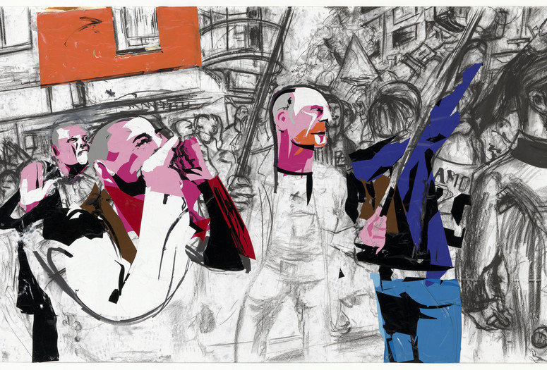 Erik van Lieshout. Untitled. 2014. Conté crayon, synthetic polymer paint, felt-tip pen, and vinyl on paper, 59 × 107 7/8″ (149.9 × 274 cm). The Museum of Modern Art, New York. Acquired through the generosity of The Contemporary Drawing and Print Associates of The Museum of Modern Art in memory of Riva Castleman. © 2017 Erik van Lieshout