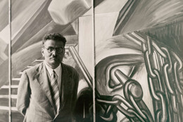 José Clemente Orozco with his fresco "Dive Bomber and Tank," commissioned by MoMA during the exhibition "Twenty Centuries of Mexican Art," May 15–September 30, 1940. Photographic Archive. The Museum of Modern Art Archives, New York
