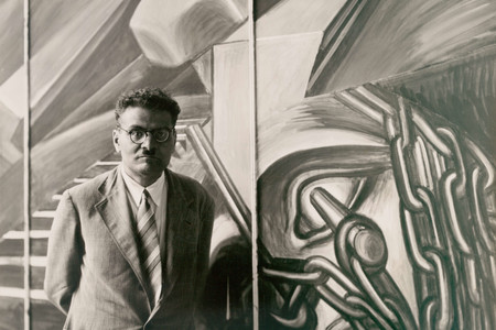 José Clemente Orozco with his fresco "Dive Bomber and Tank," commissioned by MoMA during the exhibition "Twenty Centuries of Mexican Art," May 15–September 30, 1940. Photographic Archive. The Museum of Modern Art Archives, New York