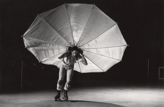 Peter Moore. Photograph of Robert Rauschenberg’s Pelican (1963) as performed in a former CBS television studio, New York, during the First New York Theater Rally, May 1965. © Barbara Moore/Licensed by VAGA, New York, NY, courtesy Paula Cooper Gallery, New York