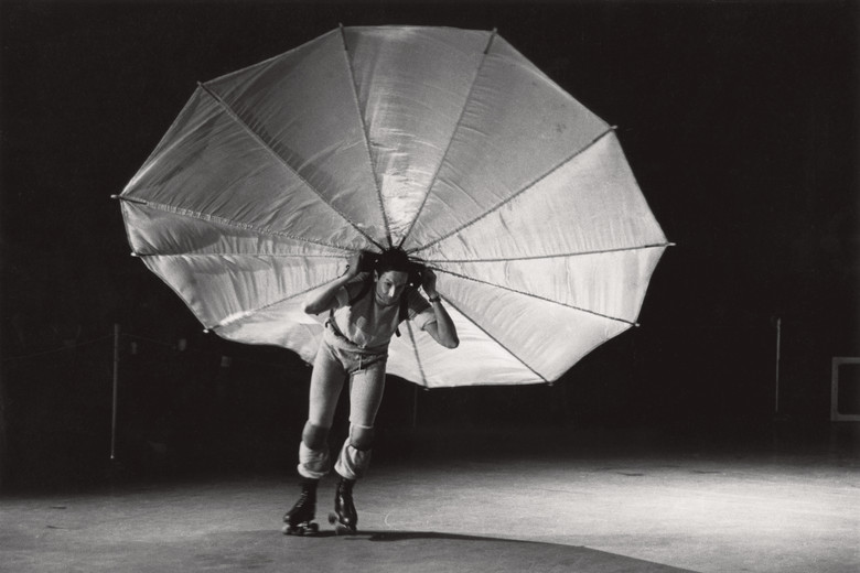 Peter Moore. Photograph of Robert Rauschenberg’s Pelican (1963) as performed in a former CBS television studio, New York, during the First New York Theater Rally, May 1965. © Barbara Moore/Licensed by VAGA, New York, NY, courtesy Paula Cooper Gallery, New York
