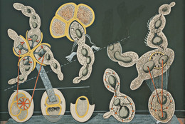 Max Ernst. The Gramineous Bicycle Garnished with Bells the Dappled Fire Damps and the Echinoderms Bending the Spine to Look for Caresses (La Biciclette graminée garnie de grelots les grisons grivelés et les échinodermes courbants l'échine pour quêter des caresses). c. 1921. Gouache, ink, and pencil on printed paper on paperboard, 29 1/4 x 39 1/4" (74.3 x 99.7 cm). The Museum of Modern Art, New York. Purchase, 1937. © 2017 Artists Rights Society (ARS), New York/ADAGP, Paris. Photo: Robert Gerhardt