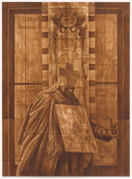Charles White. Black Pope (Sandwich Board Man). 1973. Oil wash on board, 60 × 43 7/8" (152.4 × 111.4 cm). Richard S. Zeisler Bequest (by exchange), The Friends of Education of The Museum of Modern Art, Committee on Drawings Fund, Dian Woodner, and Agnes Gund. © 2017 The Charles White Archives