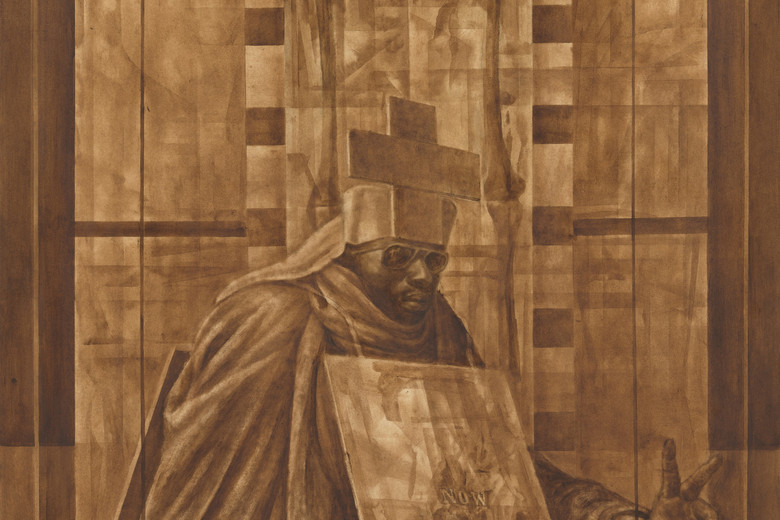 Charles White (American, 1918-1979). Black Pope (Sandwich Board Man), 1973. Oil wash on board. 60 × 43 7/8 in. (152.4 × 111.4 cm). The Museum of Modern Art, New York. Richard S. Zeisler Bequest (by exchange), The Friends of Education of The Museum of Modern Art, Committee on Drawings Fund, Dian Woodner, and Agnes Gund. © 2017 The Charles White Archives