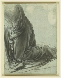 Leonardo da Vinci (Italian, 1452-1519). The drapery of a kneeling figure, c. 1491-1494. Brush and black ink with white heightening on pale blue prepared paper. 8 3/8 × 6 1/4 in. (21.3 × 15.9 cm). The Royal Collectin/HM Queen Elizabeth II. Photo: Royal Collection Trust/© Her Majesty Queen Elizabeth II 2017