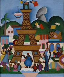 Tarsila do Amaral. Carnival in Madureira (Carnaval em Madureira), 1924. Oil on canvas, 29 15/16 x 25 in. (76 x 63.5 cm). Acervo da Fundação José e Paulina Nemirovsky, em comodato com a Pinacoteca do Estado de São Paulo. © Tarsila do Amaral Licenciamentos.