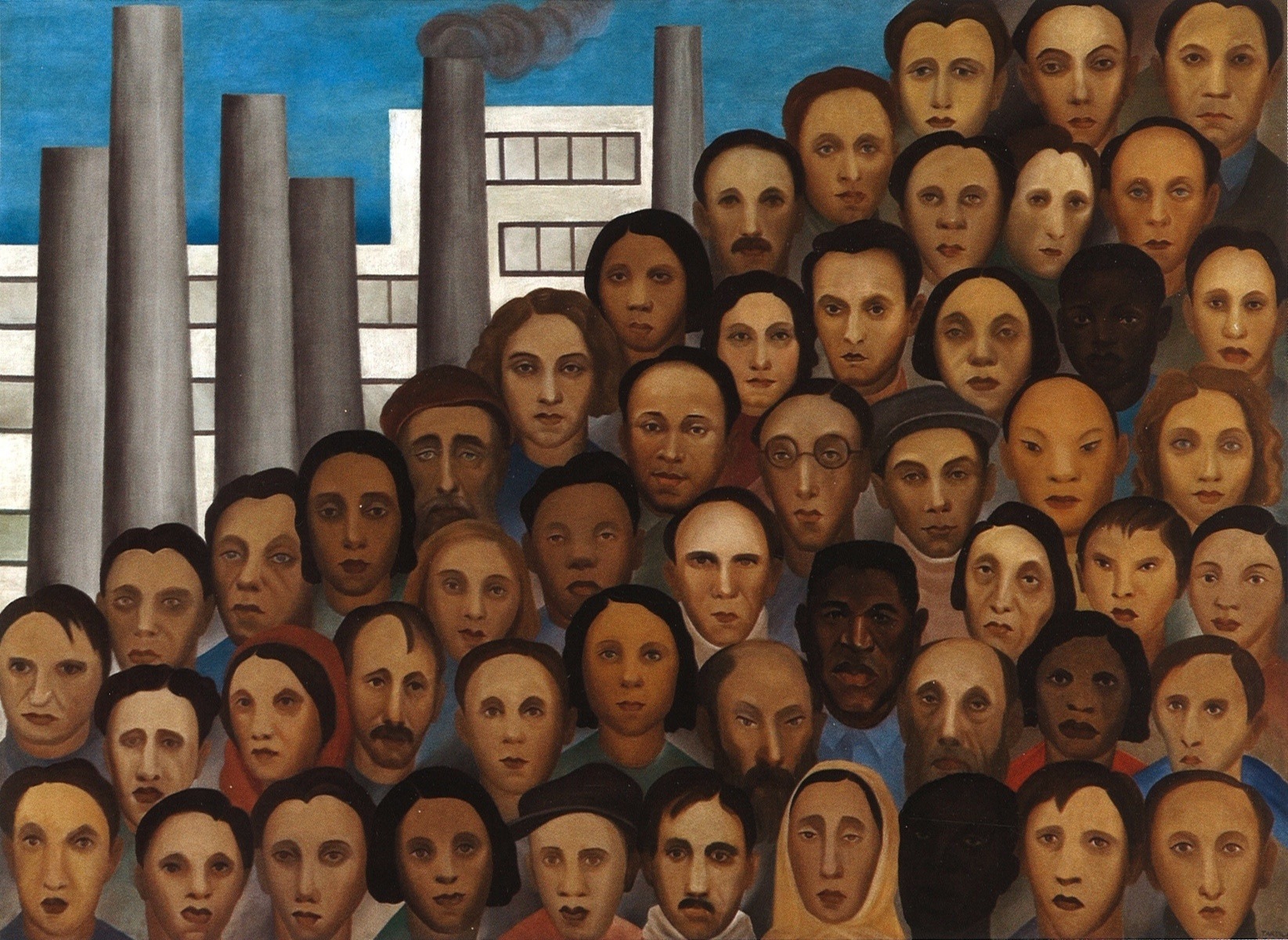 Tarsila do Amaral. _Operários (Workers)_, 1933. Oil on canvas, 59 1/16 x 80 11/16 in. (150 x 205 cm). Acervo Artístico-Cultural dos Palácios do Governo do Estado de São Paulo.