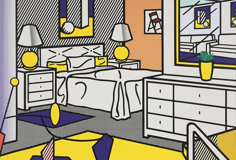 Roy Lichtenstein (American, born Canada. 1913–1980). Interior with Mobile. 1992. Oil and magna on canvas, 10′ 10″ x 14′ 3″ (330.2 x 434.4 cm). The Museum of Modern Art, NY. Enid A. Haupt Fund; gift of Agnes Gund, Jo Carole and Ronald S. Lauder, Michael and Judy Ovitz in honor of Roy and Dorothy Lichtenstein; and Anna Marie and Robert F. Shapiro. © Estate of Roy Lichtenstein