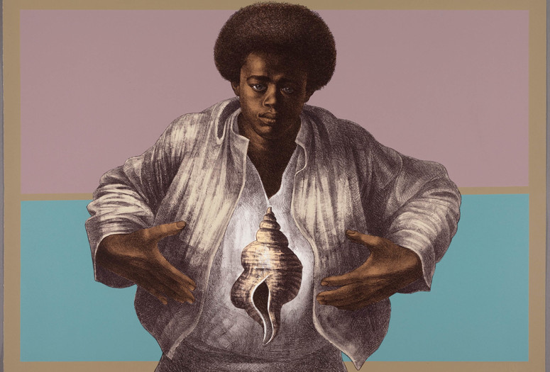 Charles White. Sound of Silence. 1978. Color lithograph on paper, 25 1/8 × 35 5/16" (63.8 × 89.7 cm). Publisher: Hand Graphics, Ltd. Printer: David Panosh. The Art Institute of Chicago. Margaret Fisher Fund. © 1978 The Charles White Archives