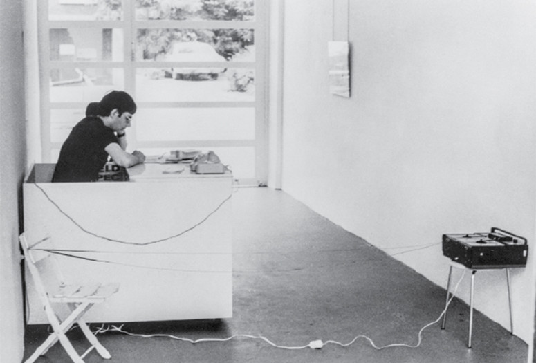 Bruce Nauman. Six Sound Problems for Konrad Fischer. 1968. Tape recorder with six tapes, chair with pencil, dimensions variable. Installation view, Konrad Fischer Galerie, 1968. Image courtesy of Archiv Dorothee und Konrad Fischer, Kunstsammlung Nordrhein-Westfalen, Düsseldorf, Schenkung/Zentralarchiv für deutsche und internationale Kunstmarktforschung (ZADIK), Köln/Konrad Fischer Galerie, Düsseldorf, Berlin
