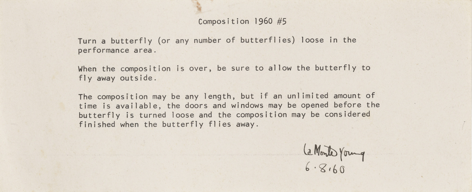 La Monte Young.  _“Composition 1960 #5”_ (June 8), 1960. Mimeograph. The Gilbert and Lila Silverman Fluxus Collection Gift